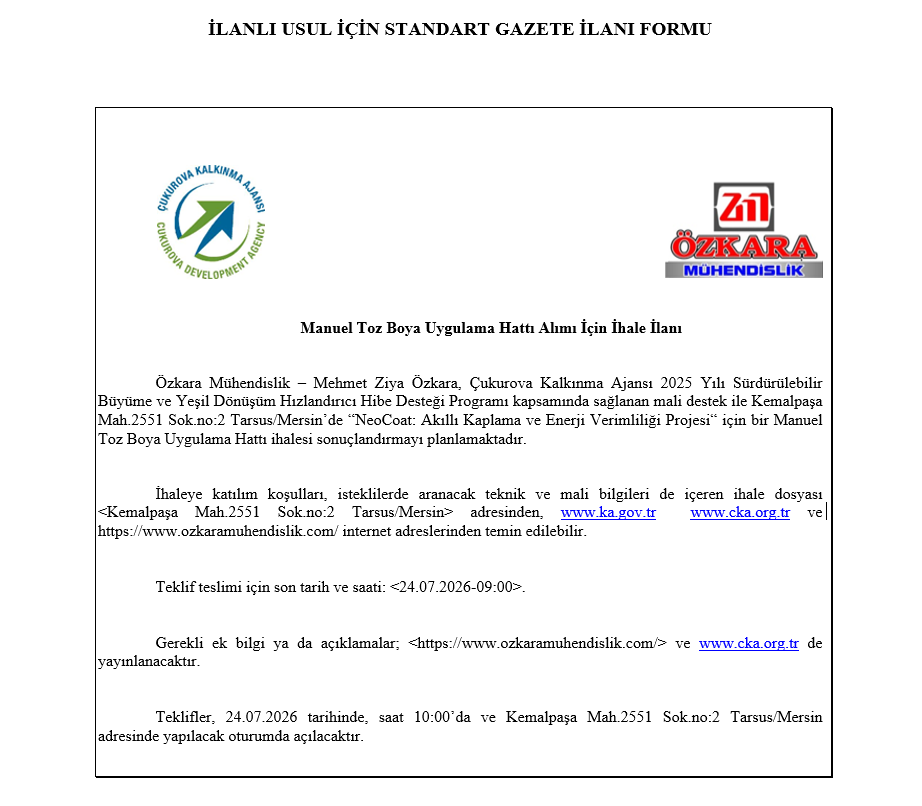 İLANLI USUL İÇİN STANDART GAZETE İLANI FORMU